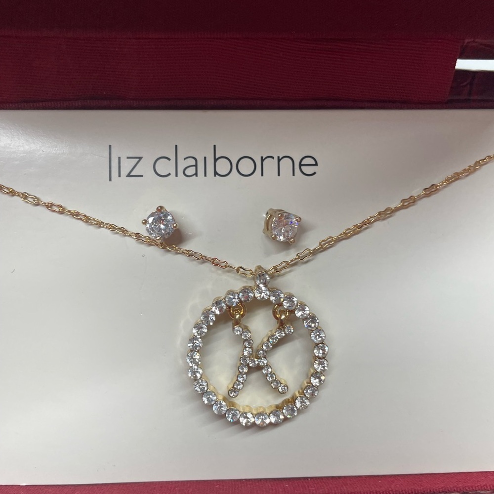 Liz Claiborne Monogram "K" Silvertone Rhinestone Jewelry Set in Gift Box NEW - Picture 2 of 4